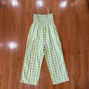 House of Harlow Womens Medium Linen Gingham Plaid Jumpsuit Smocked Wide Leg Boho
